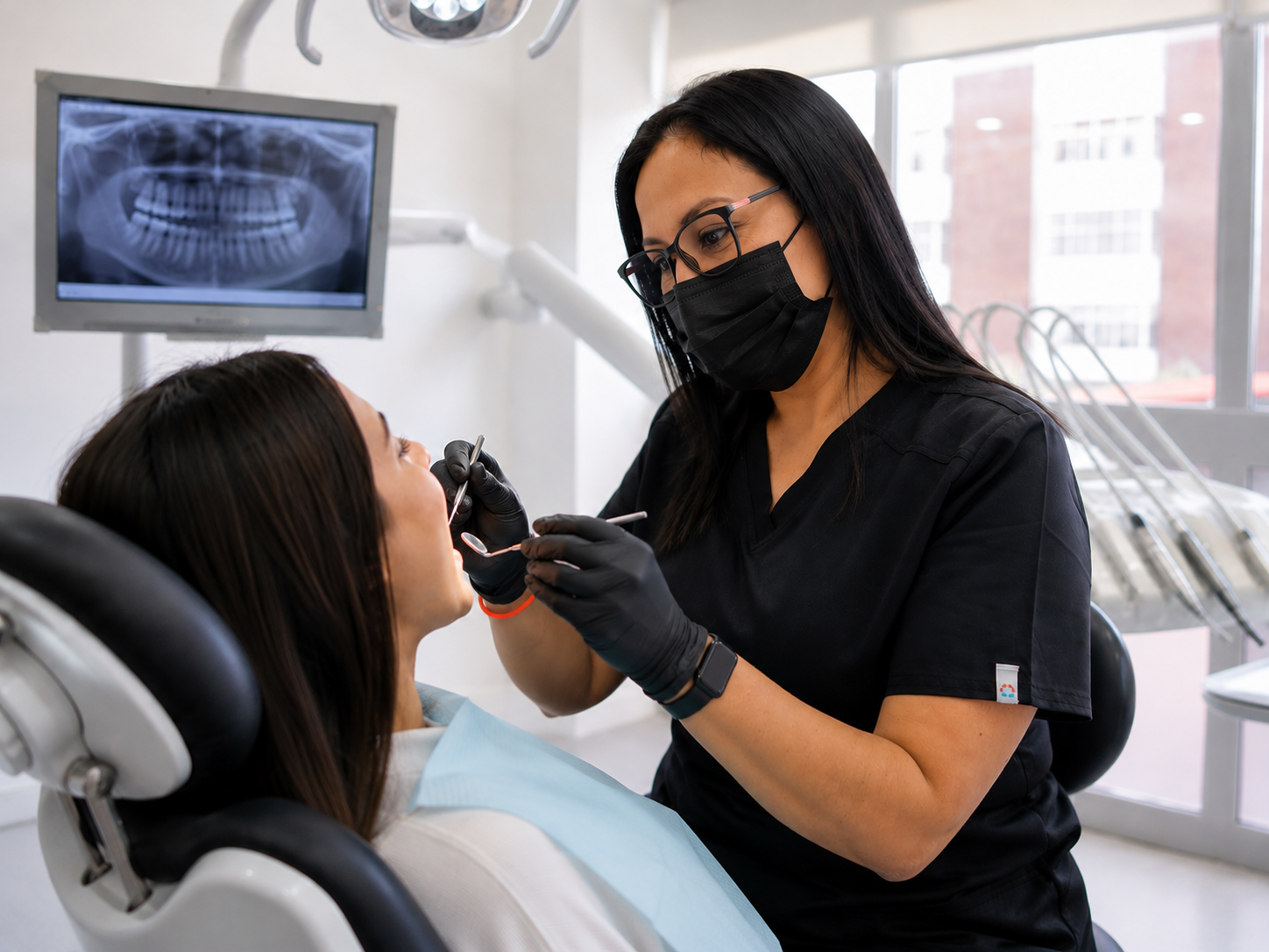 Médica dentista com farda preta em avaliação clínica inicial